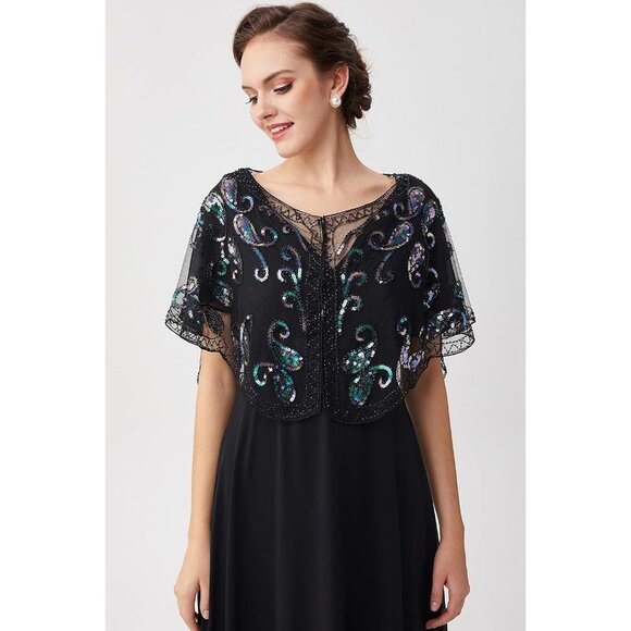 🆕 Women Black Sequin Beaded Evening Cape Bridal Shawl Bolero Flapper Cover Up - Picture 2 of 6